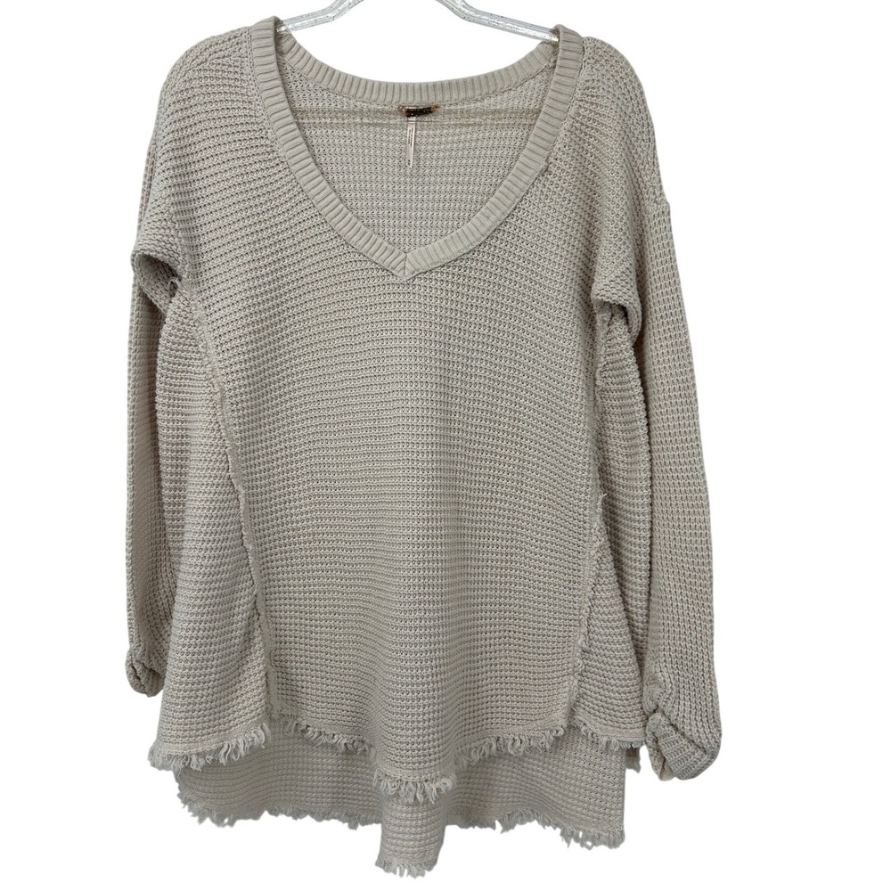 Free People Beige Waffle‎ Knit V-Neck Frayed Hem Oversized Sweater Womens Medium